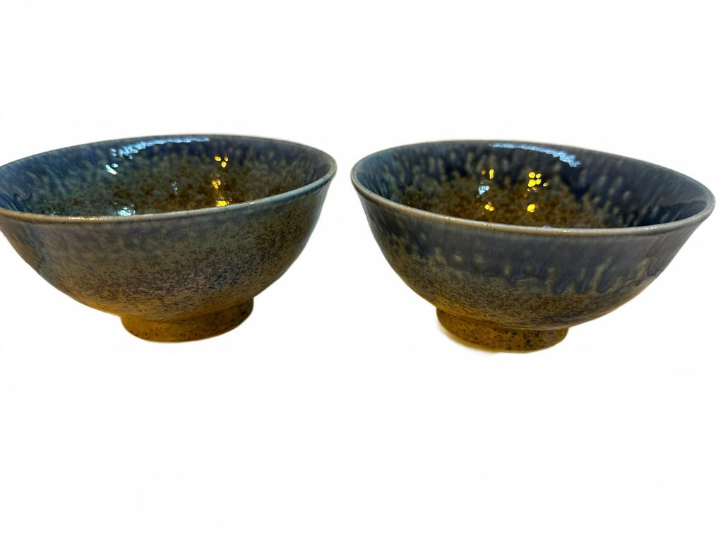 Set of 3 Signed Studio Pottery Stoneware Bowls Blue Brown