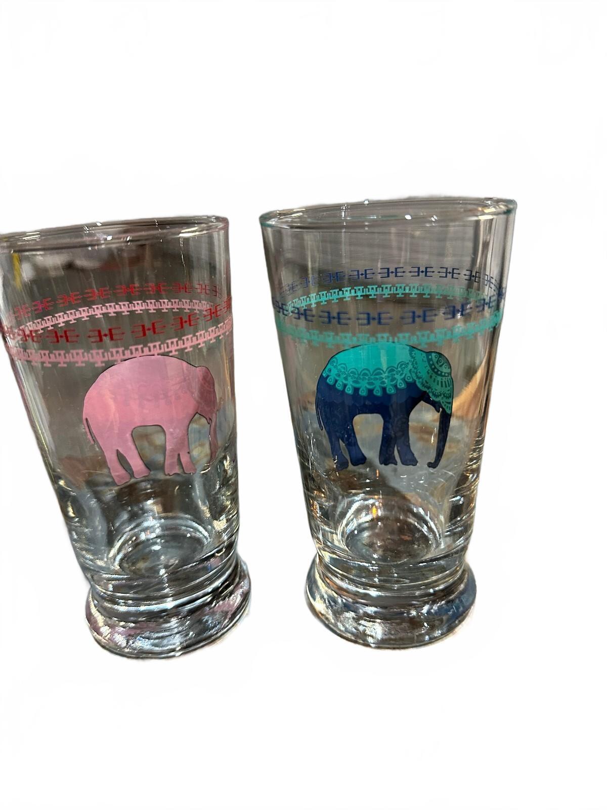 Vintage Elephant Tumblers Pink Blue Glasses Set of 2