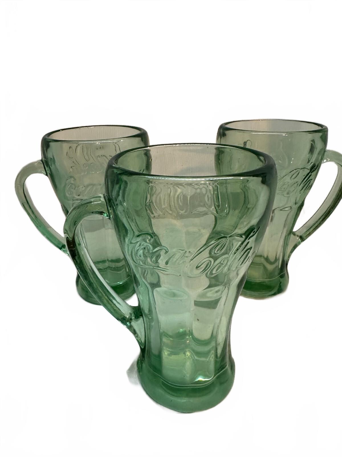 Set of 3 Libbey Coca-Cola Green Glass Handle Mugs