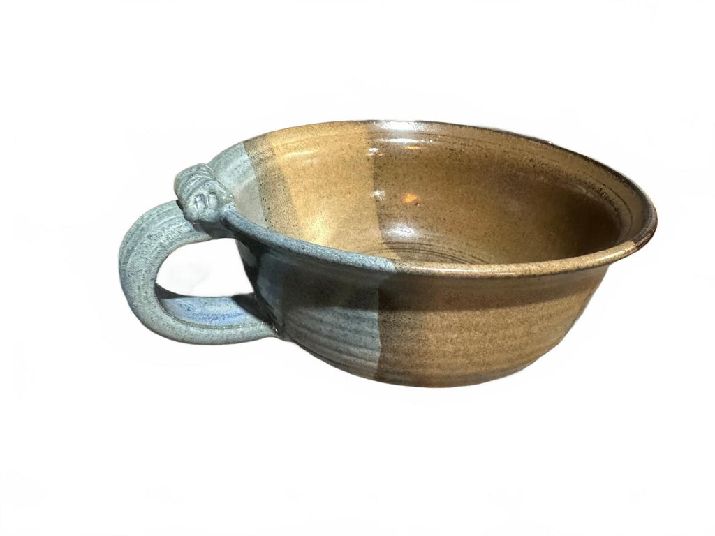 Signed Studio Pottery Handled Soup Bowl Blue Brown 7"