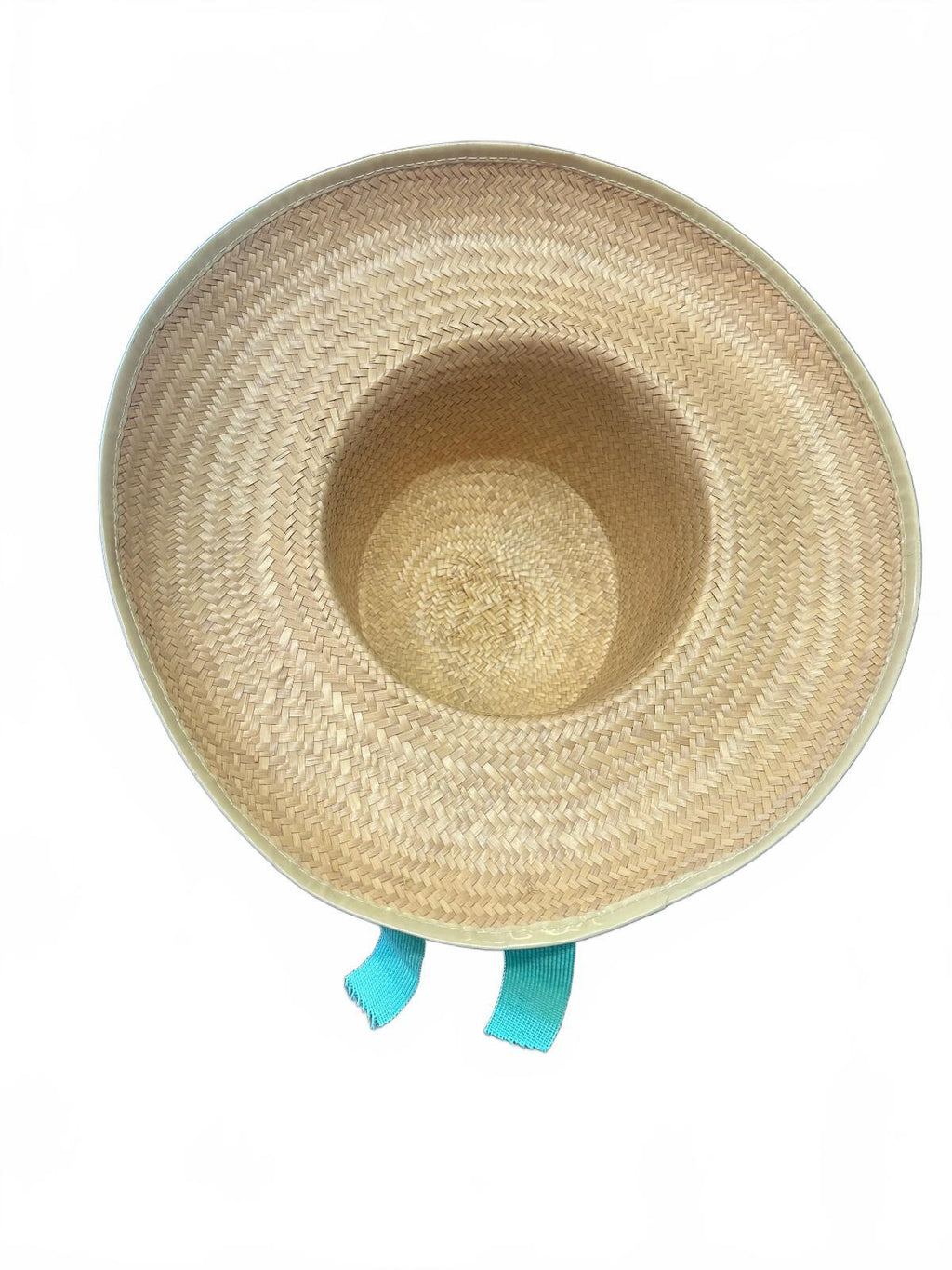Vintage Wide Brim Straw Sun Hat Turquoise Trim
