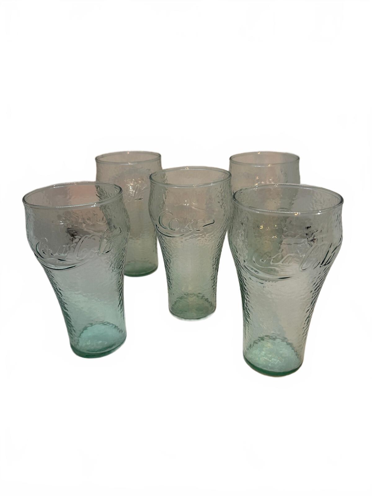 Set of 5 Coca-Cola Green Pebbled Glass Tumblers 6"