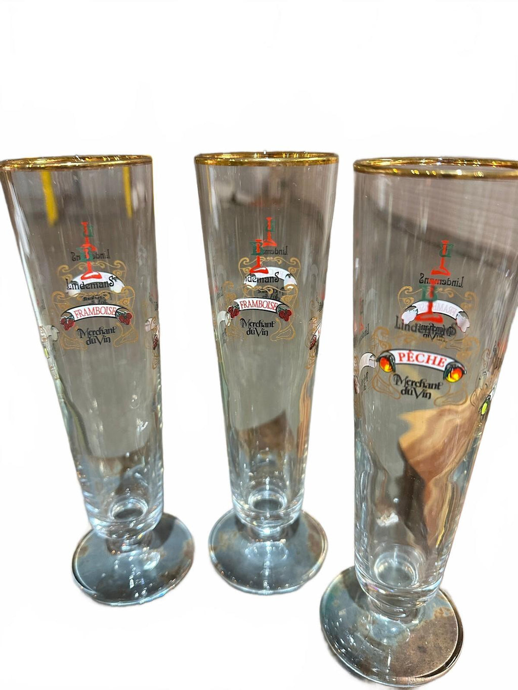 3 Lindemans Belgian Lambic Gold Rim Beer Flute Glasses