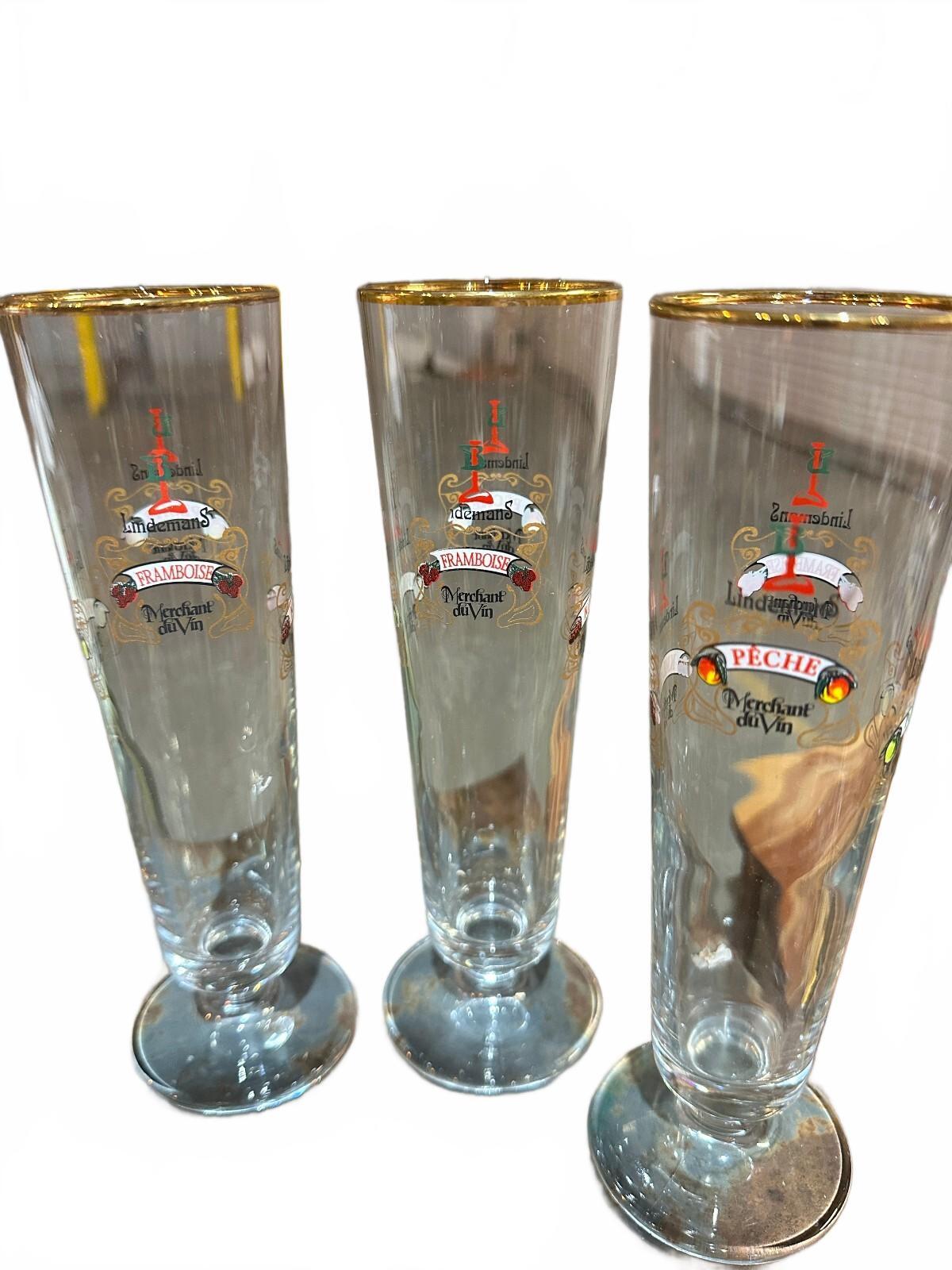 3 Lindemans Belgian Lambic Gold Rim Beer Flute Glasses