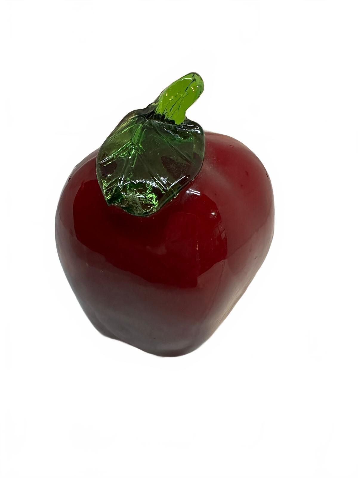 Red Hand Blown Art Glass Apple Paperweight Green Leaf