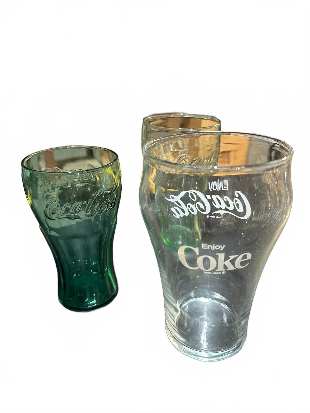 3 Coca-Cola Coke Glasses Vintage Green Clear Tumblers
