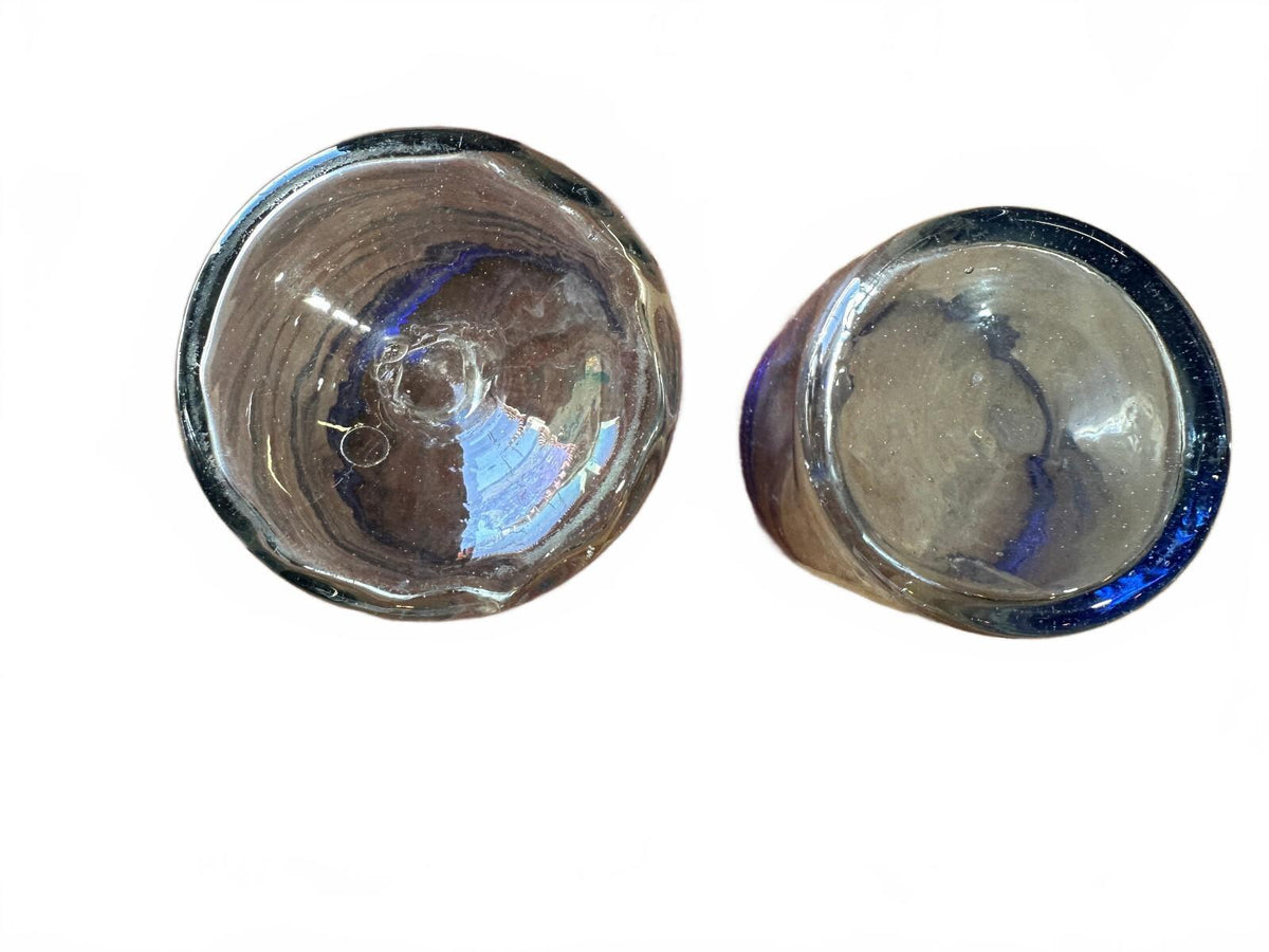 2 Mexican Hand Blown Cobalt Blue Rim Glass Tumblers