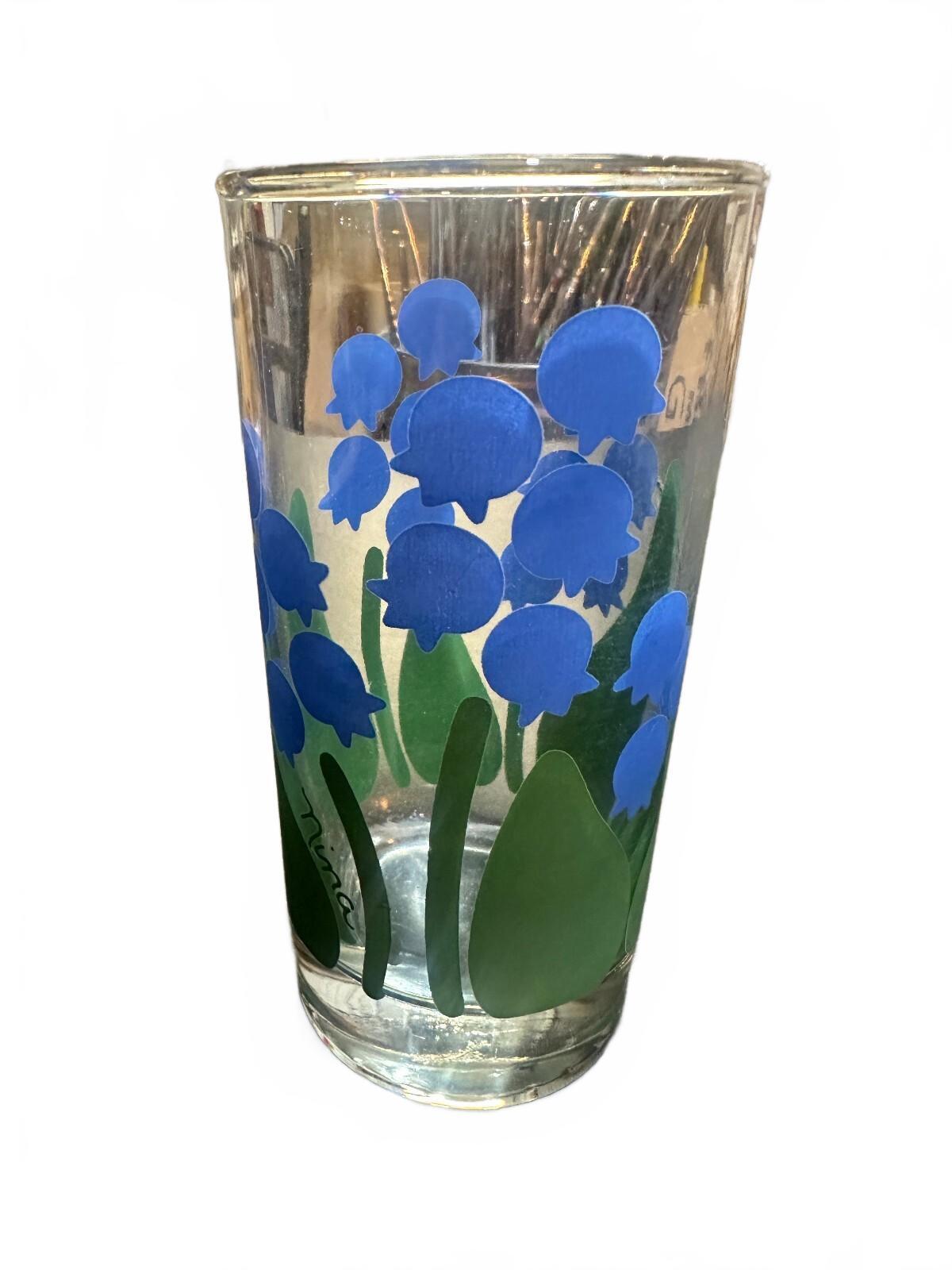 Vintage Irena Blue Flower Glass Tumbler 1980s 5.5"