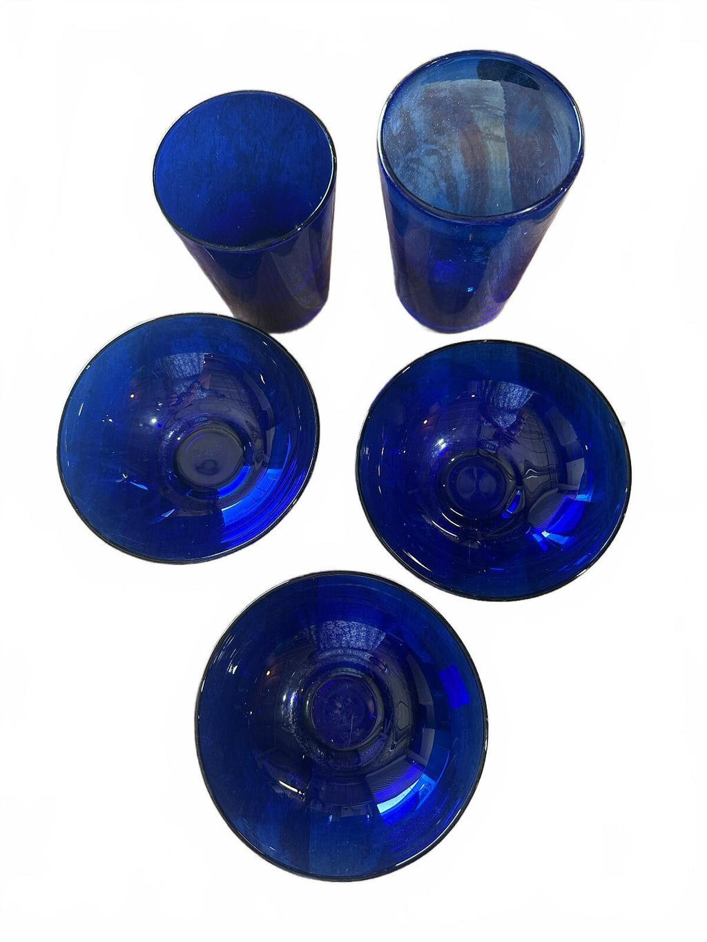 5 Pc Cobalt Blue Hand Blown Glass Bowls & Tumblers