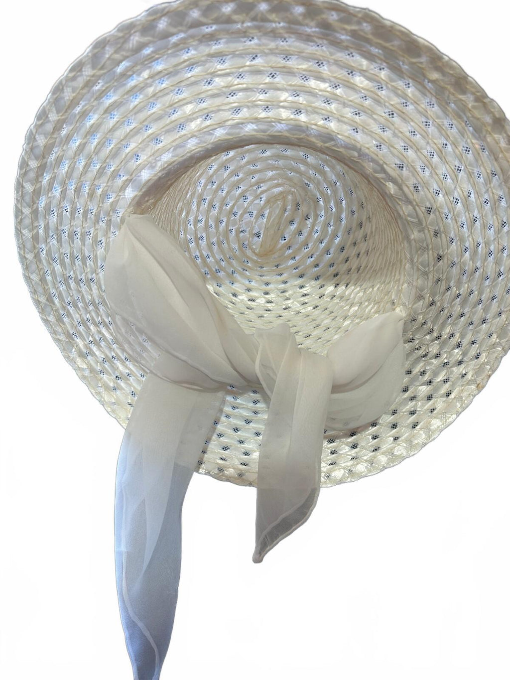 Vintage White Straw Sun Hat with Chiffon Ribbon