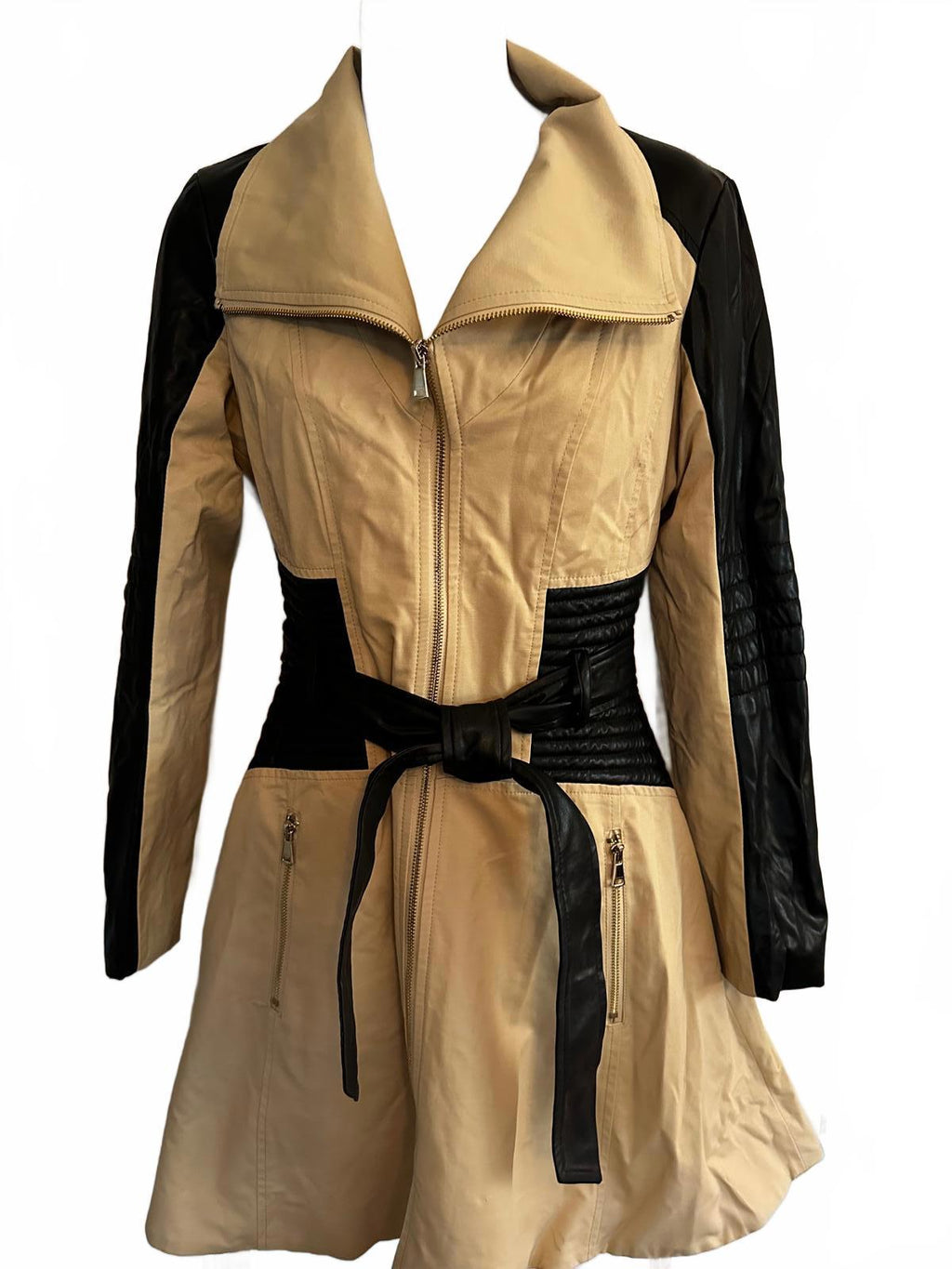bebe XS tan moto trench coat faux leather belt zip