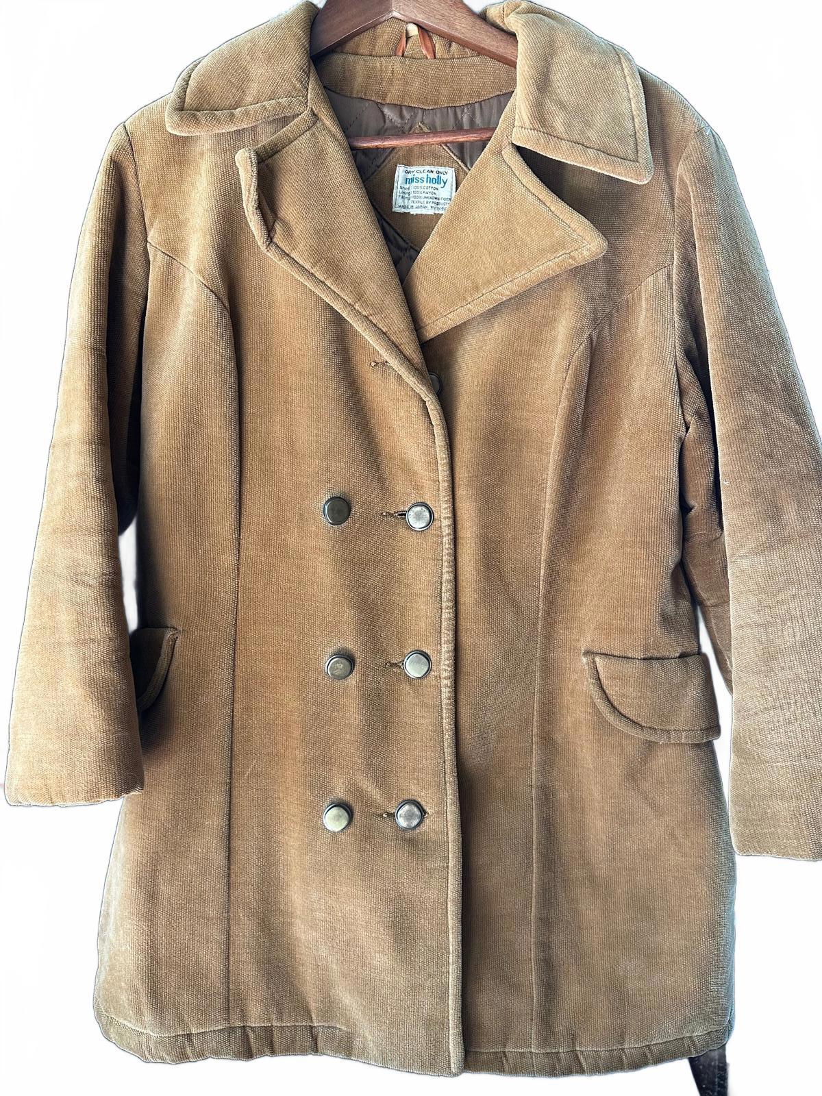 Vintage 1970s Miss Holly Corduroy Coat Made Japan Quilted Lined Double-Breasted