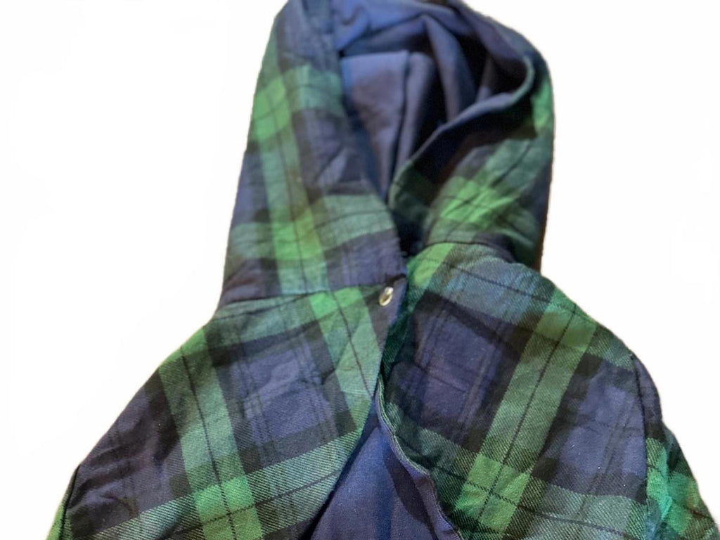 Vintage Black Watch Tartan Hooded Cape Wool Plaid Poncho Cloak Navy/Green Lined