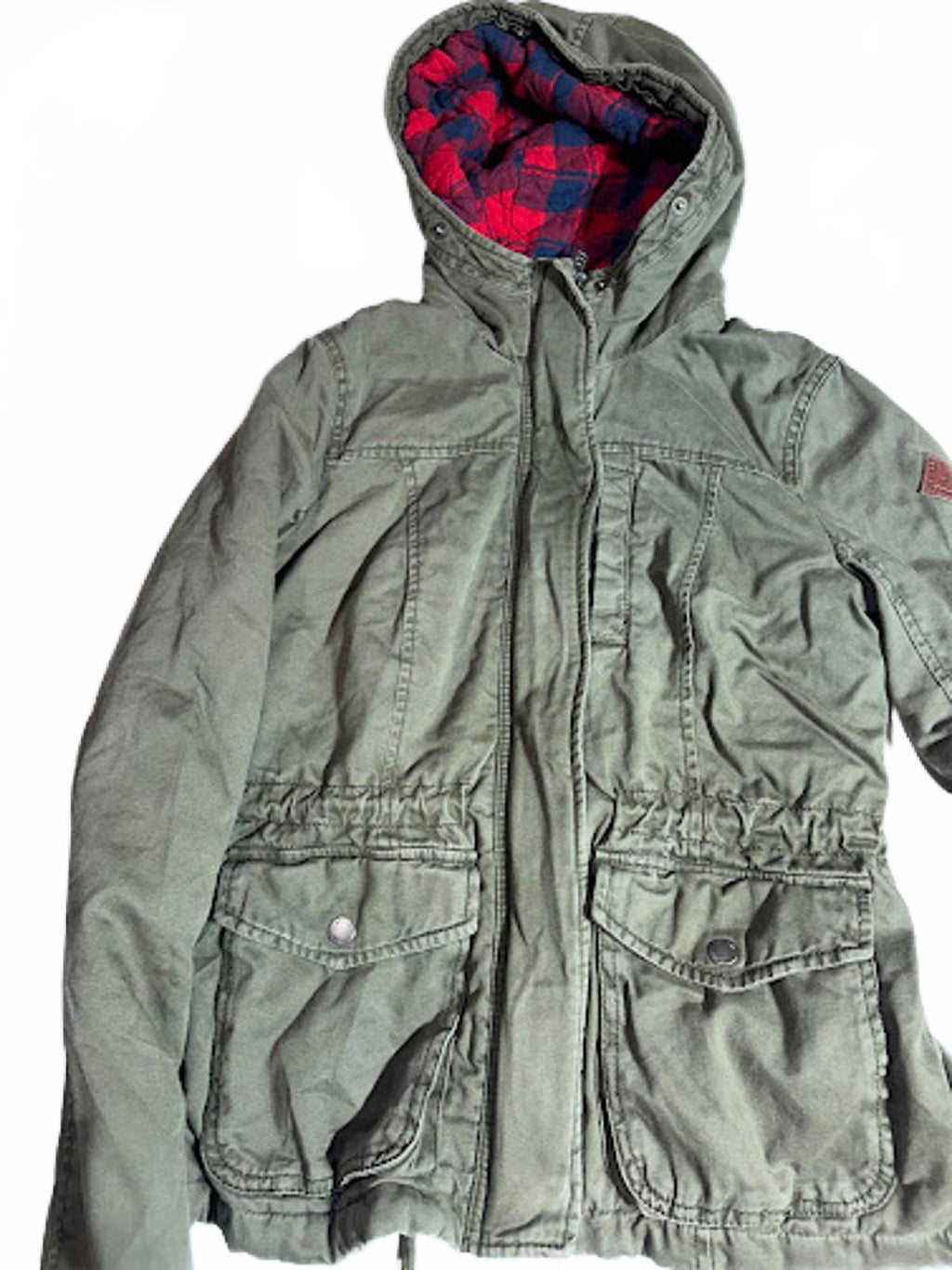 Hollister Olive Hooded Jacket Plaid Lined Utility Coat XS