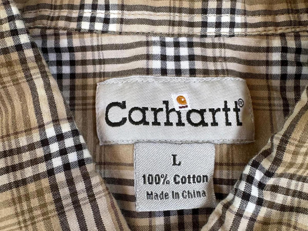 Carhartt Men’s Plaid Button Front Shirt Size L Regular Tan Brown Cotton Workwear