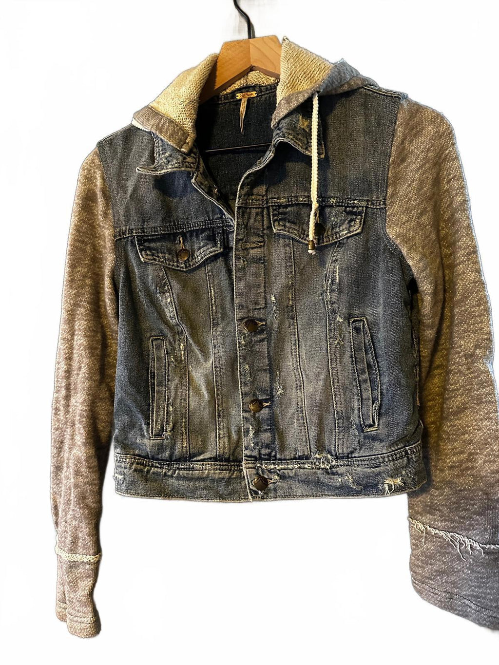 Free People Distressed Denim Hoodie Jacket S