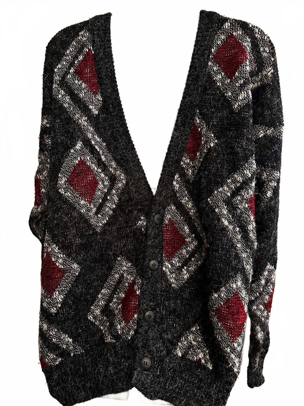 Vintage XSTATX USA Black Geo Knit Cardigan XXL