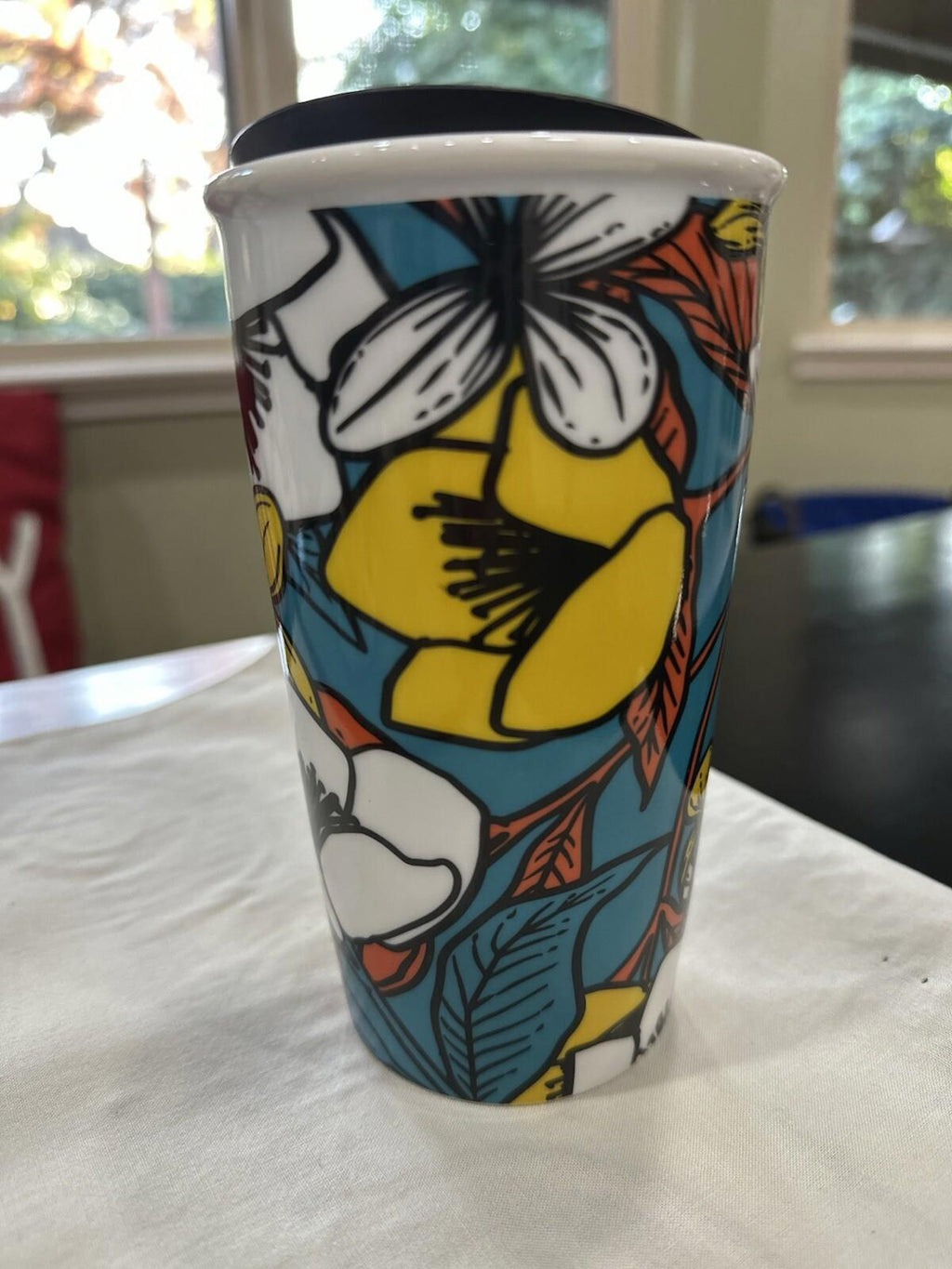 Starbucks Teal Poppy Flowers Travel Coffee Mug Tumbler with Lid 12 Fl Oz Ceramic