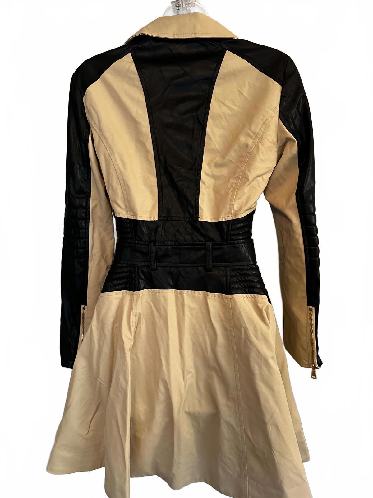 bebe XS tan moto trench coat faux leather belt zip