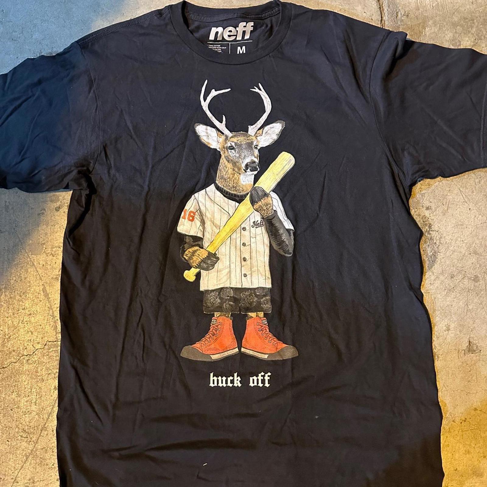 Neff “Buck Off” Graphic T-Shirt Funny Deer Baseball Bat Tee