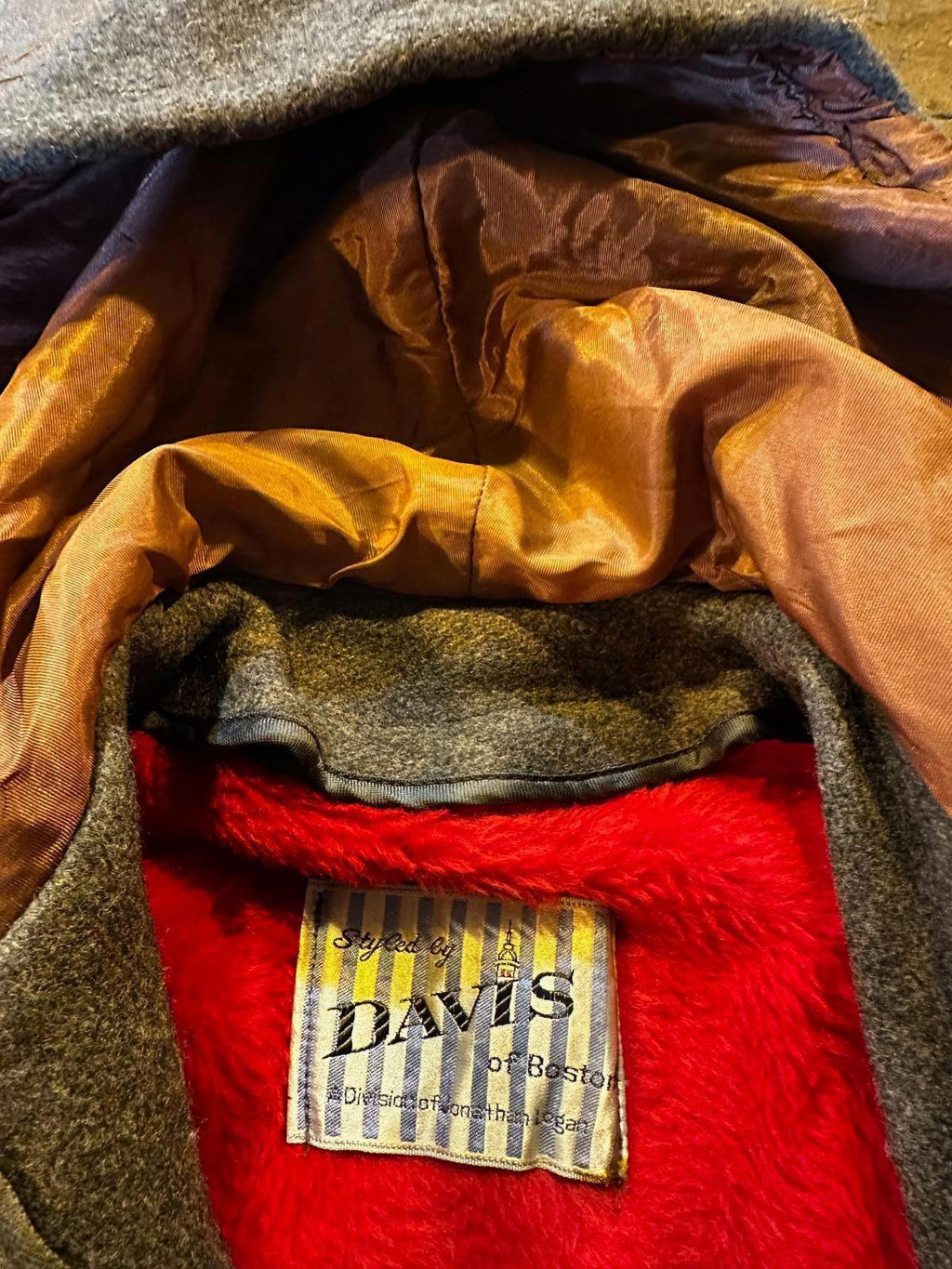50's Davis of Boston Women’s Gray Wool Coat w/Red FauxFur Lining Mid-Century USA