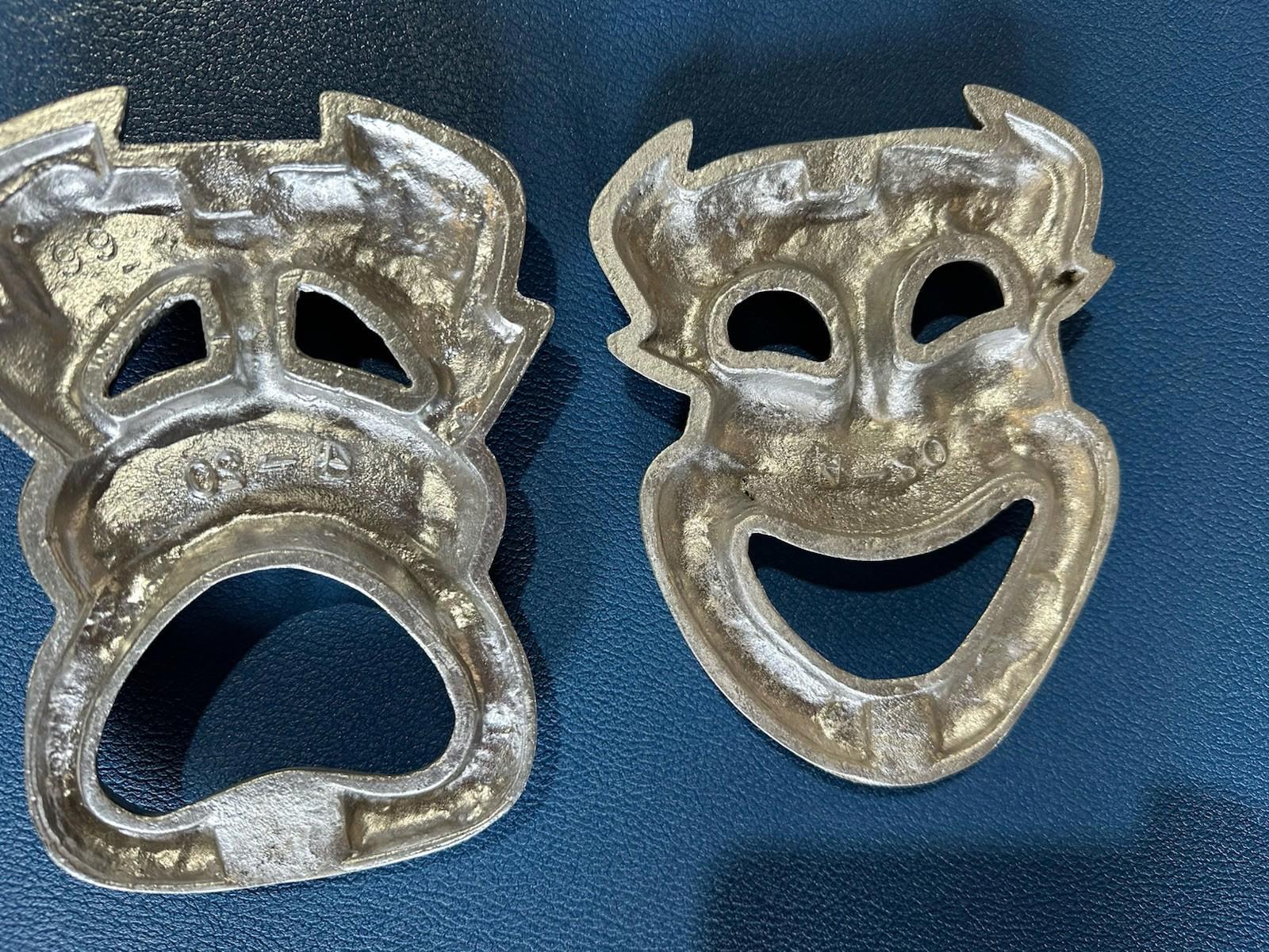 Vintage CAST ALUMINUM Comedy Tragedy Wall Plaque Mask 2pcs.