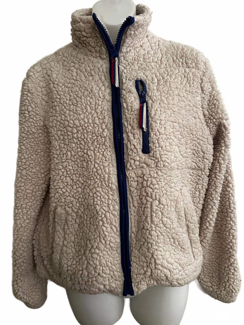 Garage Sherpa Fleece Zip Jacket Cream Red Blue Stripe M