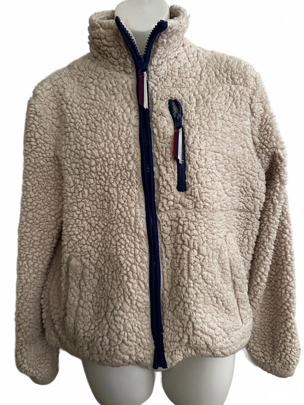 Garage Sherpa Fleece Zip Jacket Cream Red Blue Stripe M