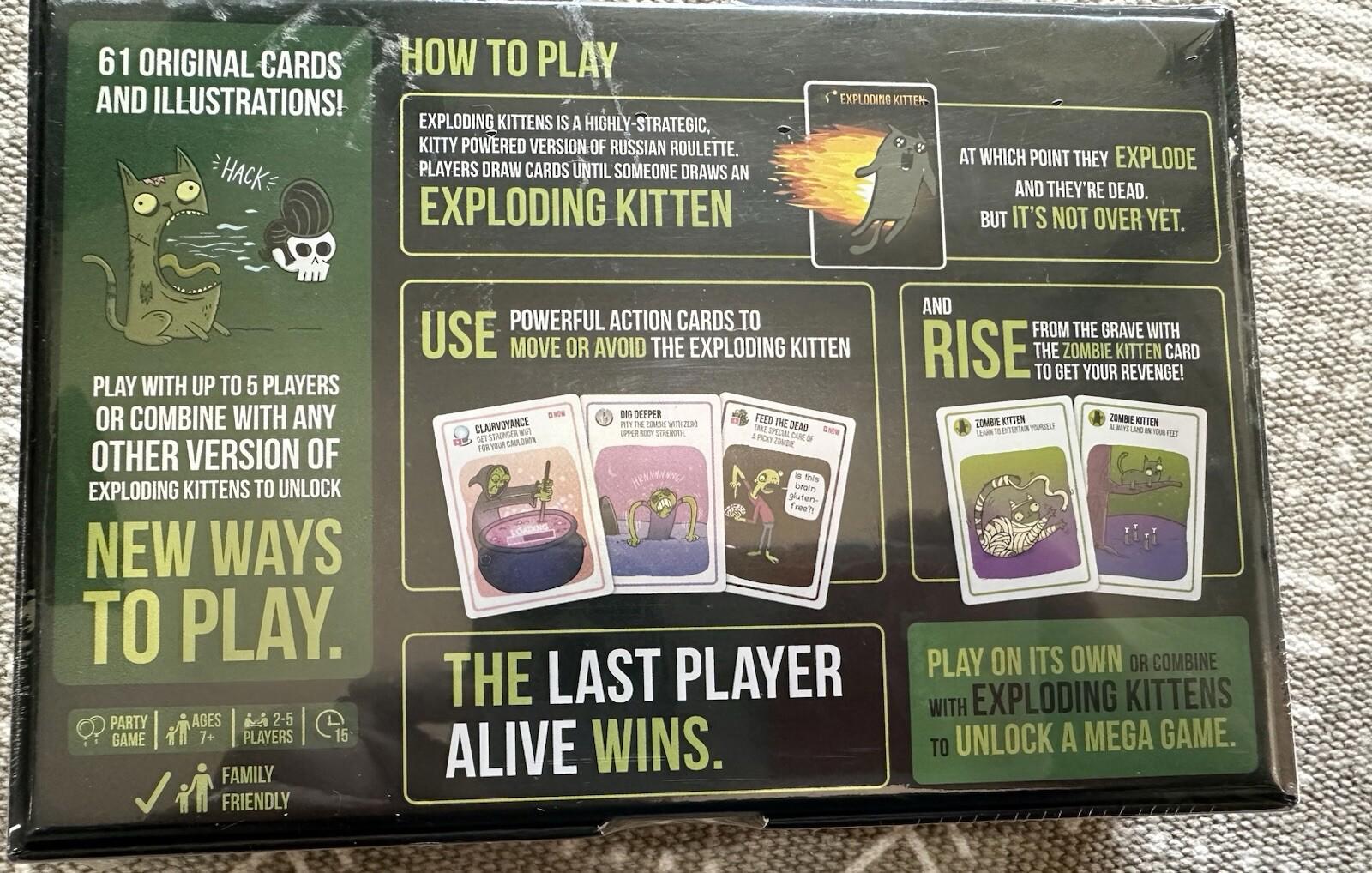 ZOMBIE KITTENS CARD PARTY GAME BY EXPLODING KITTENS 2-5 PLAYERS AGES 7+
