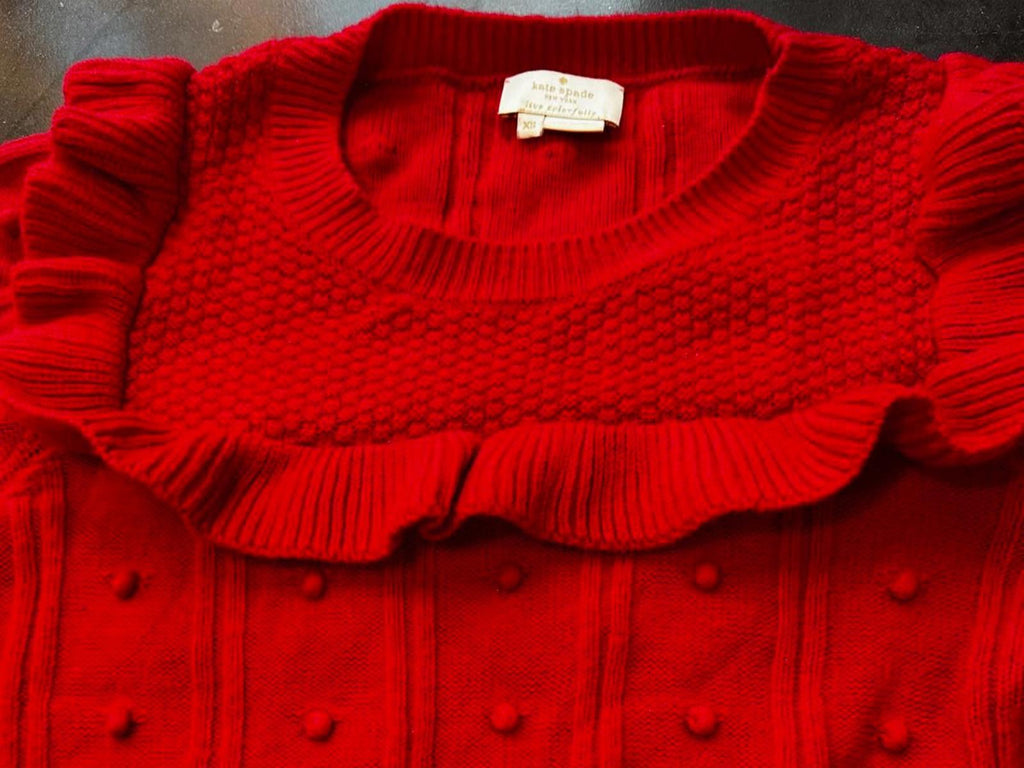 Kate Spade Red Bobble Knit Ruffle Sweater XS