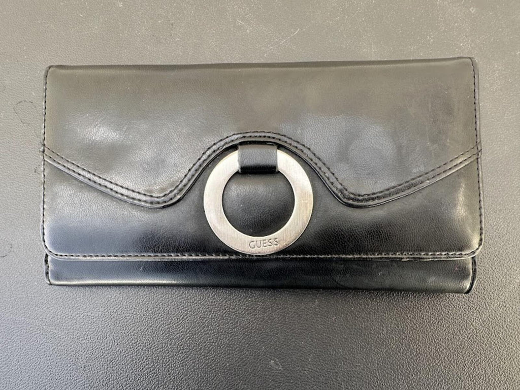 Guess Black Leather Wallet Silver Ring Clasp