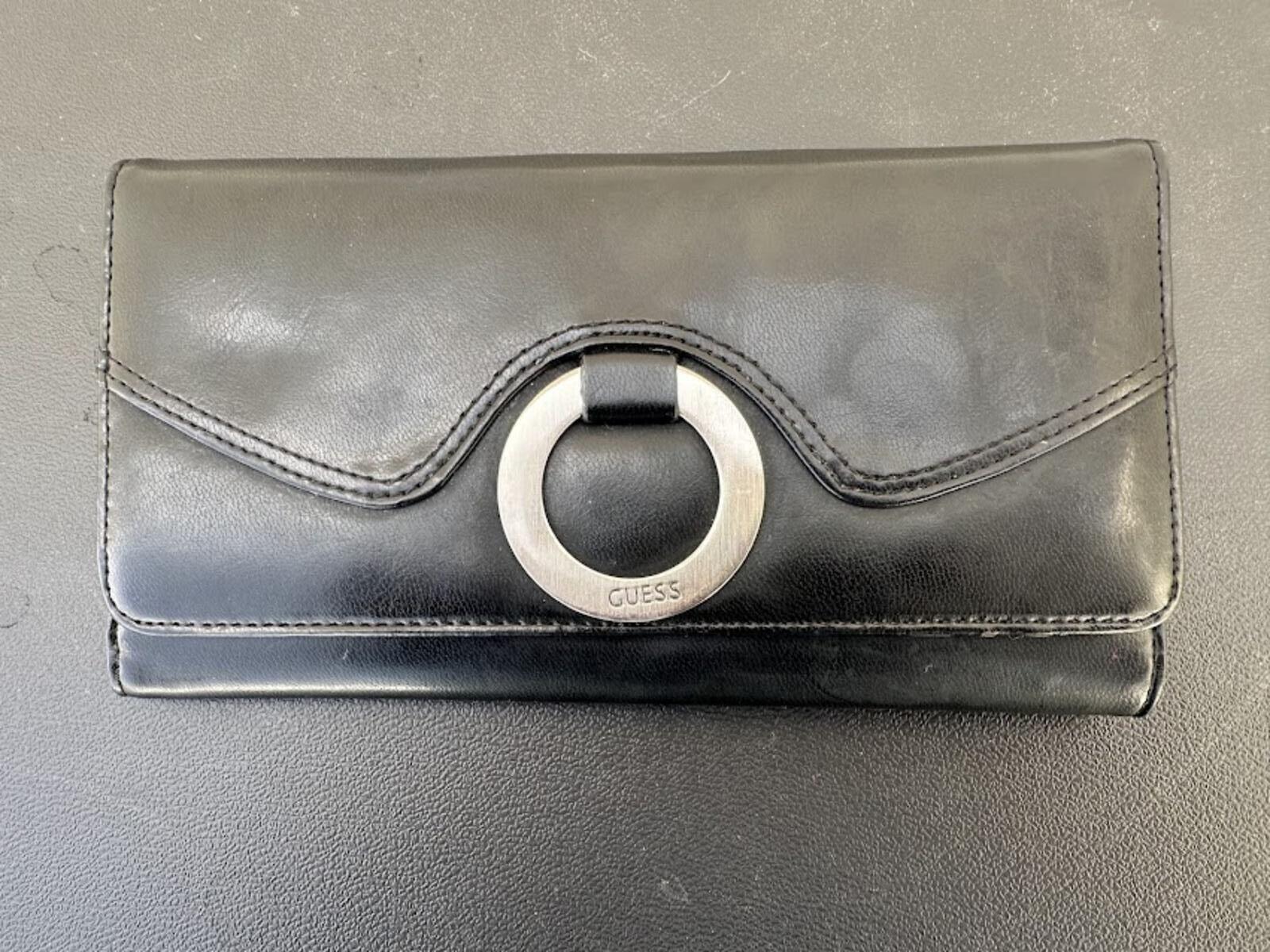 Guess Black Leather Wallet Silver Ring Clasp