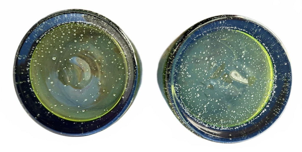 Pair Olive Green Hand Blown Bubble Glass Tumblers
