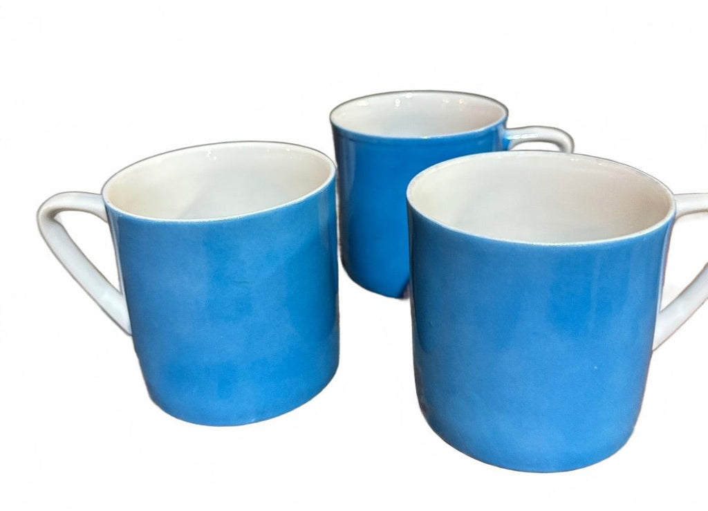Ceramic Mugs, Set Of 3 Blue & White, 6 oz, Mid Century Modern, Vintage