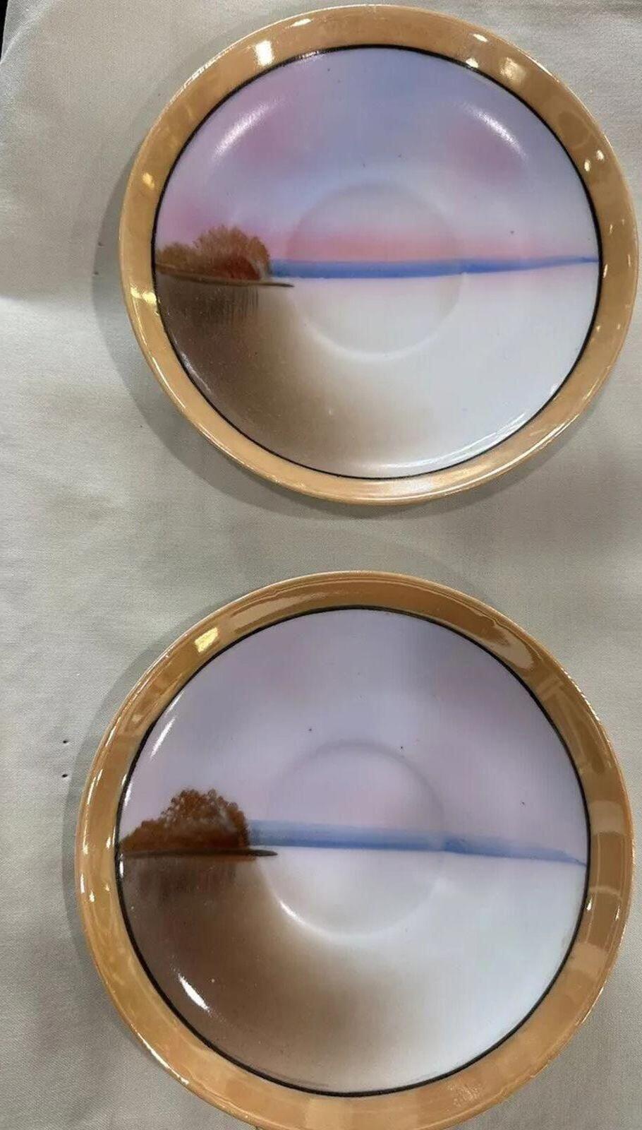 Vintage Hand Painted Japanese Lusterware Plates Set Of 2. Gold Rimmed
