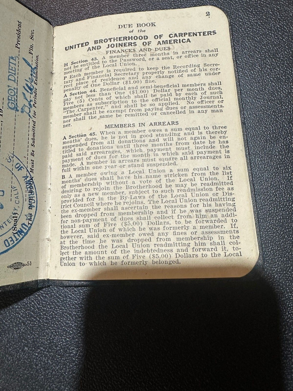 1944 Carpenters Union Dues Book Local 1323 Monterey CA