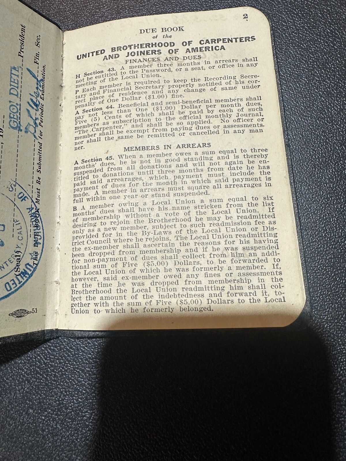 1944 Carpenters Union Dues Book Local 1323 Monterey CA