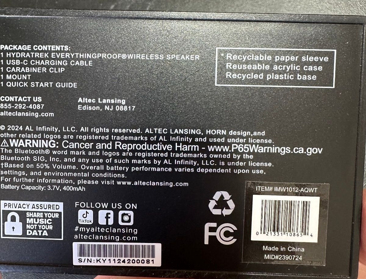 Altec Lansing HydraTrek Waterproof Speaker NIB