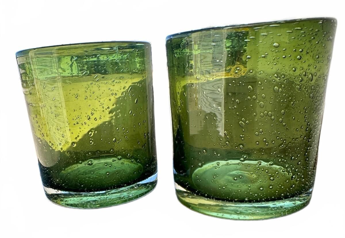 Pair Olive Green Hand Blown Bubble Glass Tumblers