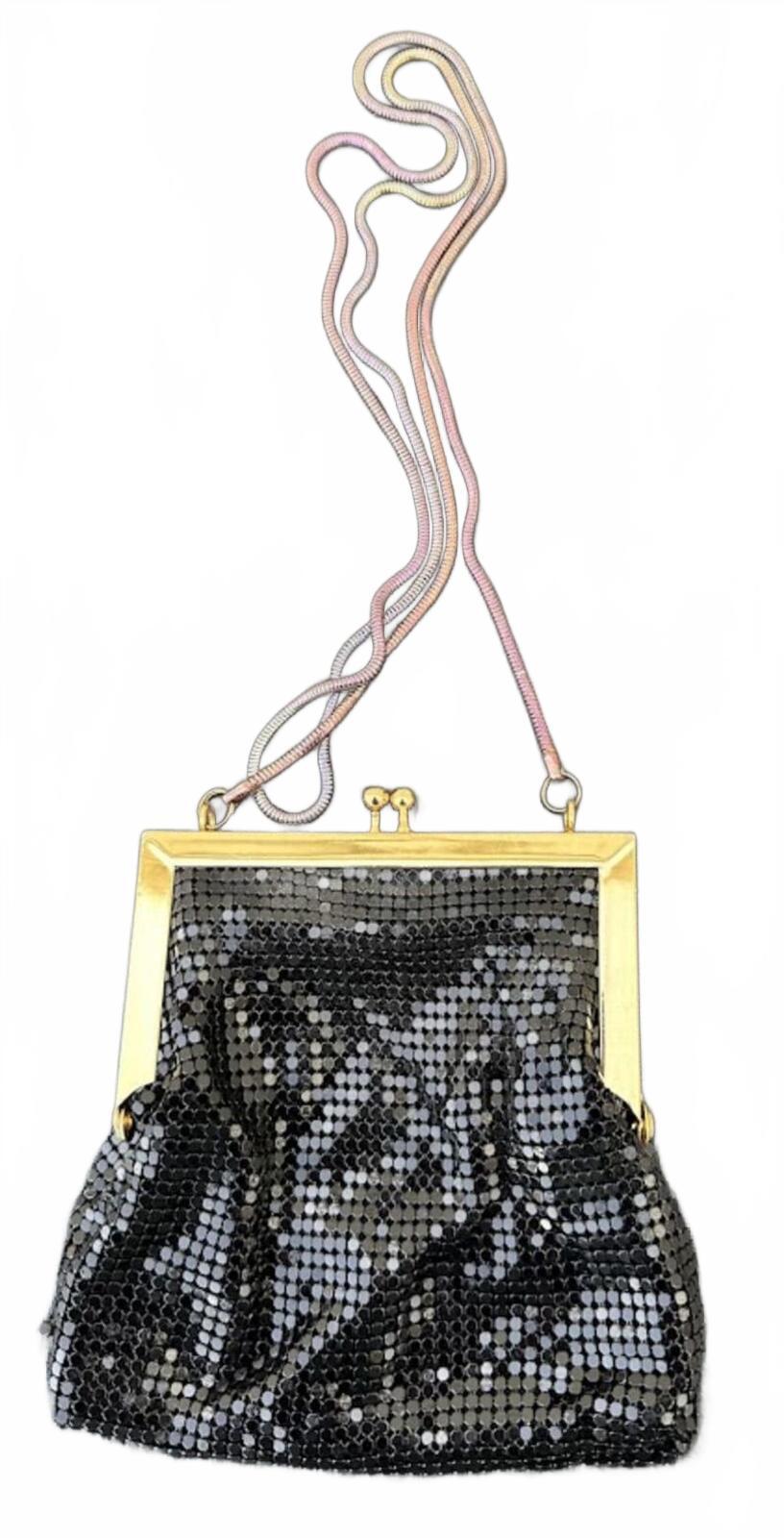 Vintage Black Metal Mesh Evening Bag Gold Frame