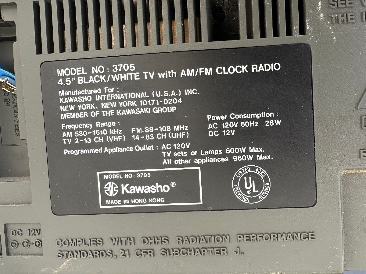Kawasho 3705 4.5" B&W TV AM/FM Alarm Clock