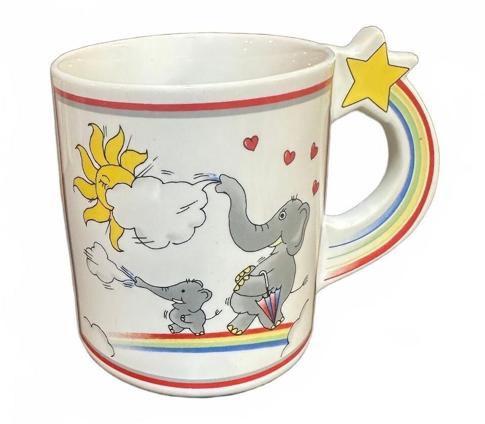 Vintage Japan Dancing Elephants Rainbow Star Handle Mug