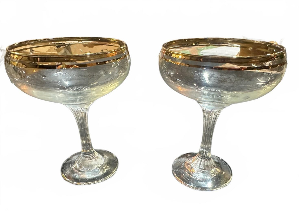 2 Vintage Gold Rim Champagne Coupe Sherbet Glasses