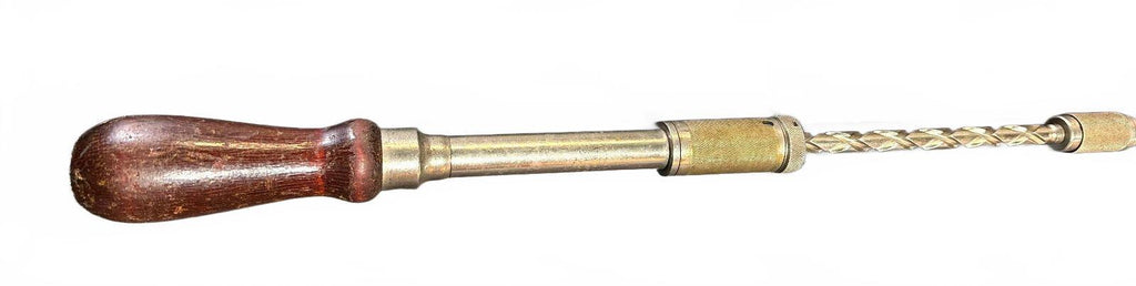 Vintage Spiral Push Hand Drill Wood Handle 18"