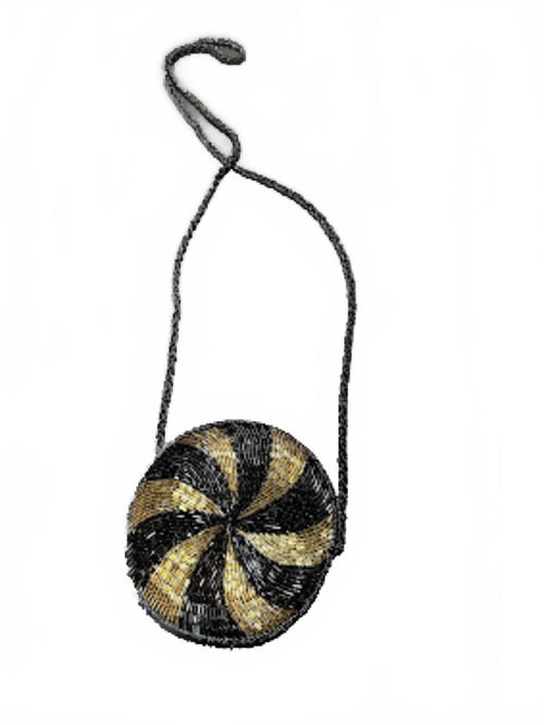Black Gold Beaded Round Crossbody Coin Purse