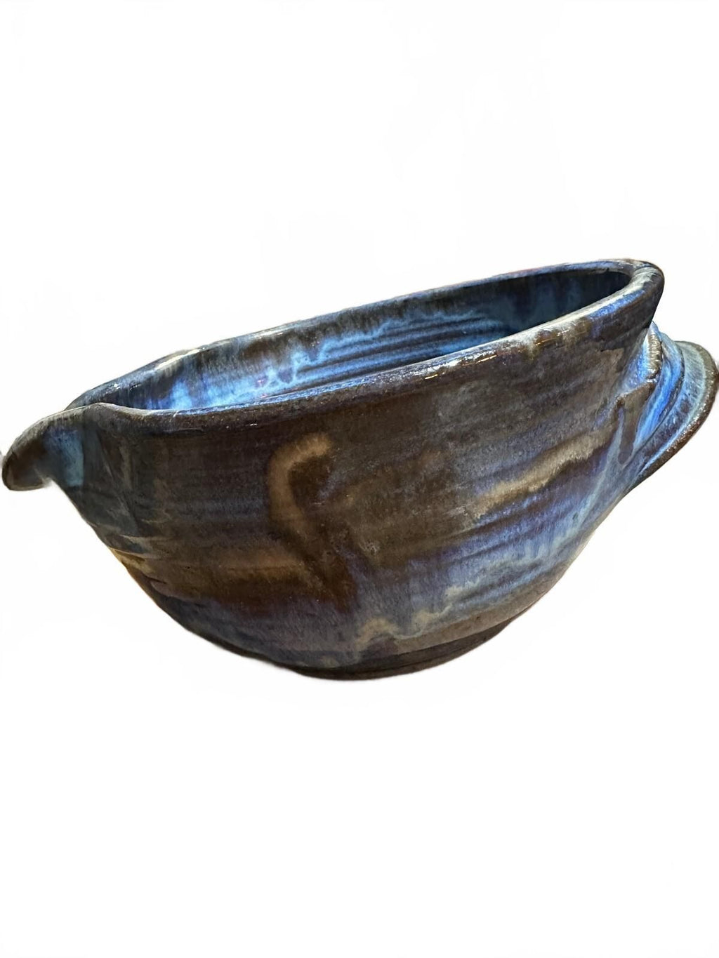 Hand Thrown Blue Studio Pottery Batter Bowl Spout 9"