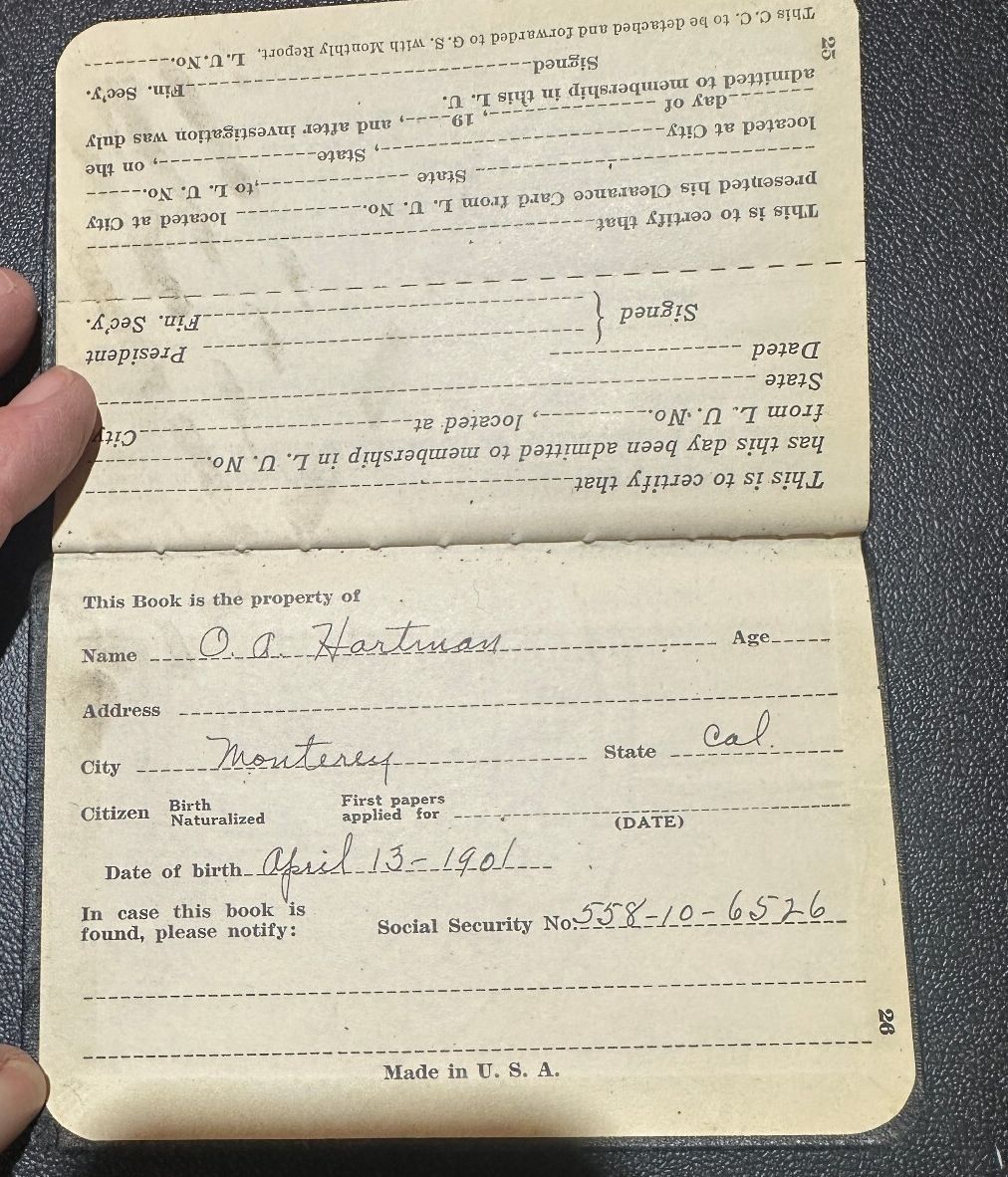 1944 Carpenters Union Dues Book Local 1323 Monterey CA