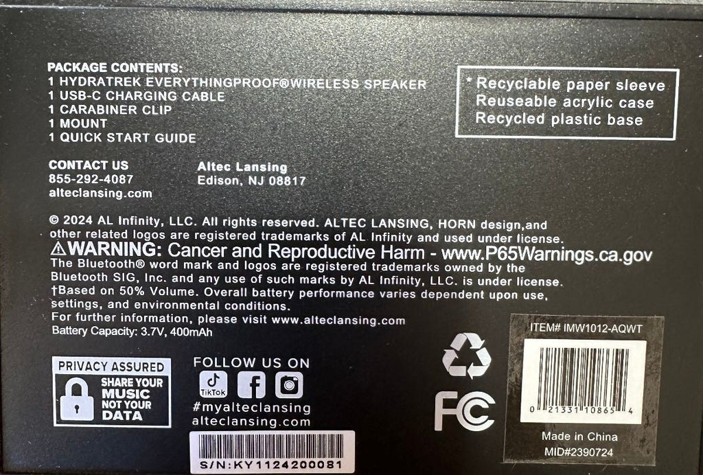 Altec Lansing HydraTrek Waterproof Speaker NIB