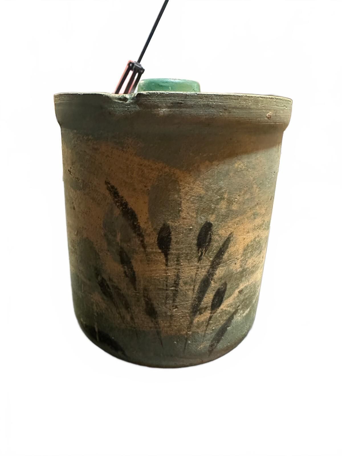 Antique Primitive Green Glazed Stoneware Lidded Canister