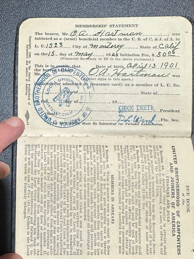 1944 Carpenters Union Dues Book Local 1323 Monterey CA